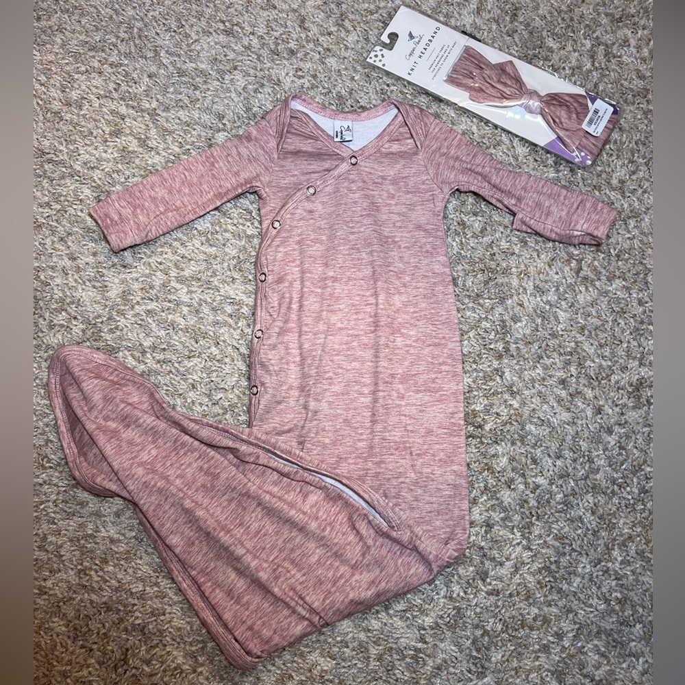 Copper Pearl Knotted Gown and Bow. Size Newborn